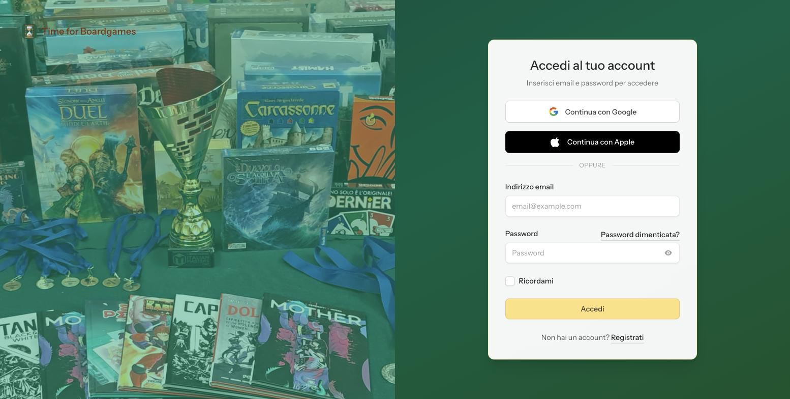 La pagina di accesso di Time for Boardgames: i pulsanti «Continua con Google» e «Continua con Apple» sopra il classico modulo email e password