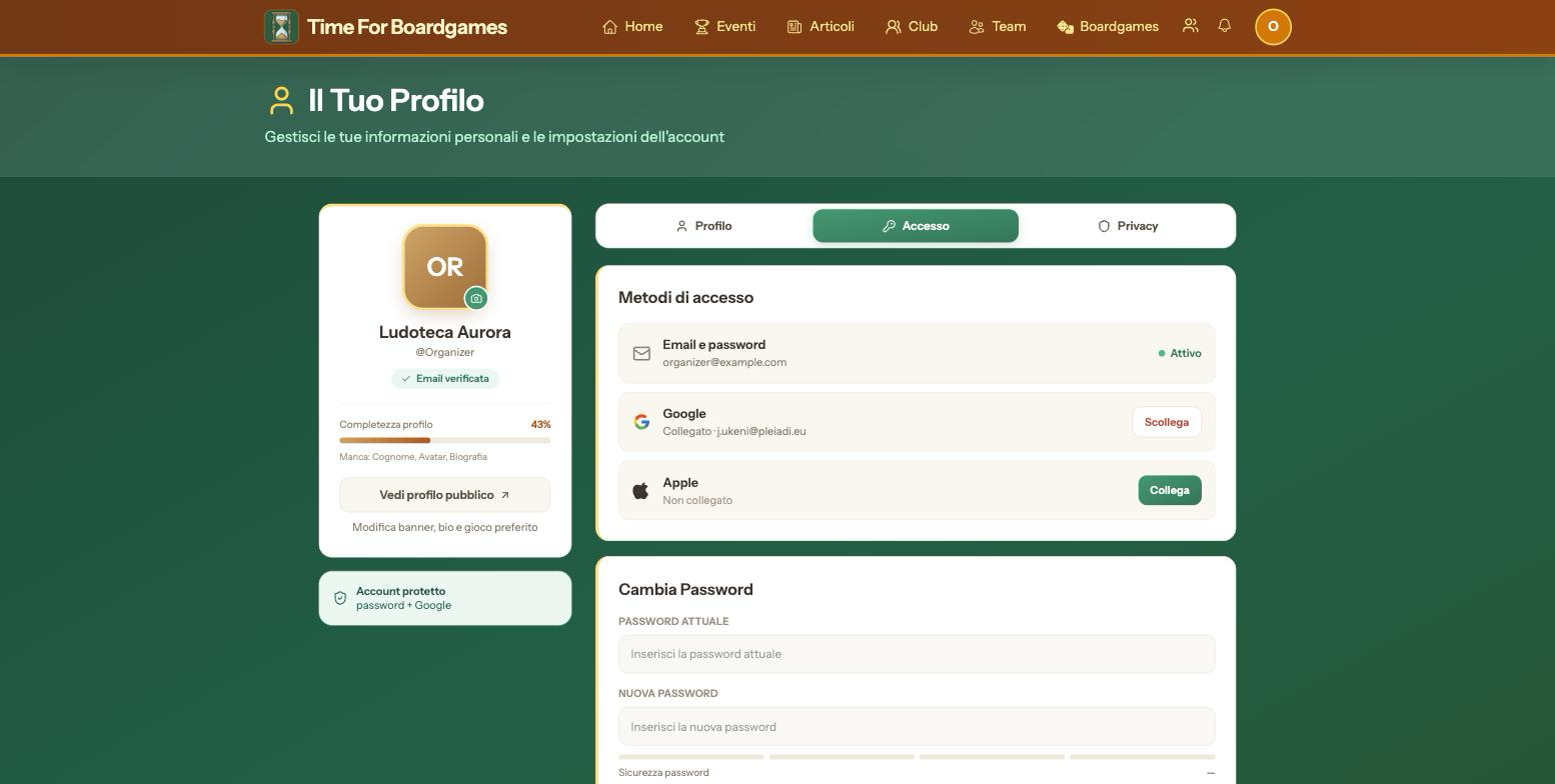 La scheda Accesso del profilo: la card «Metodi di accesso» con email e password attivi, Google collegato e Apple ancora da collegare, ognuno con la sua azione