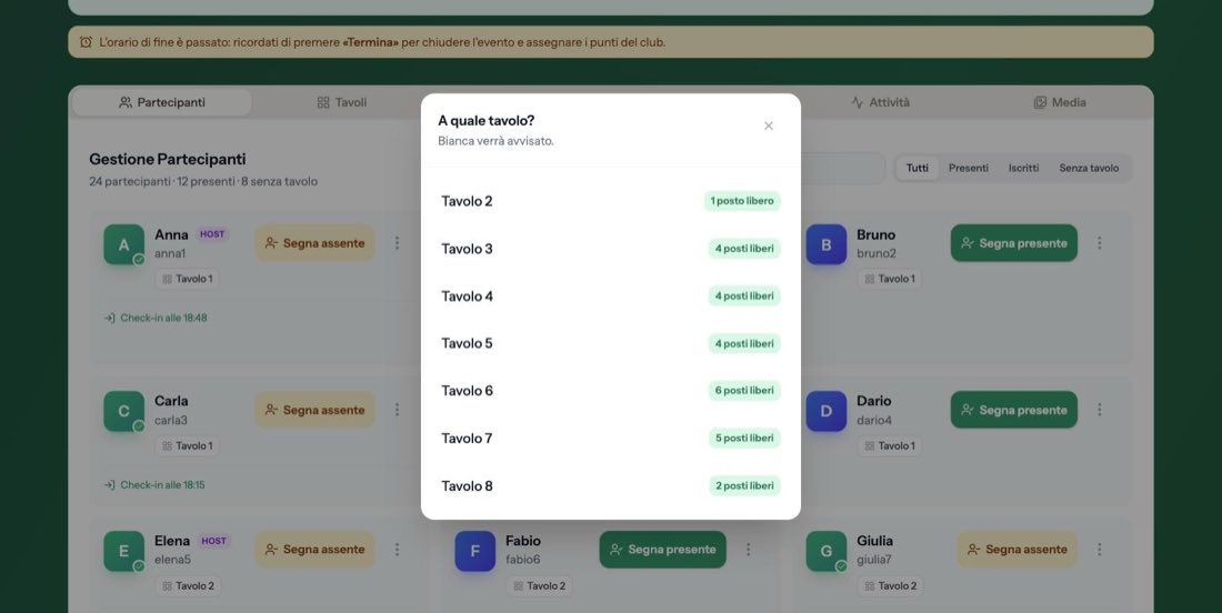 La finestra «A quale tavolo?»: solo i tavoli con posti liberi, con quanti ne restano, e l'avviso che il giocatore verrà informato