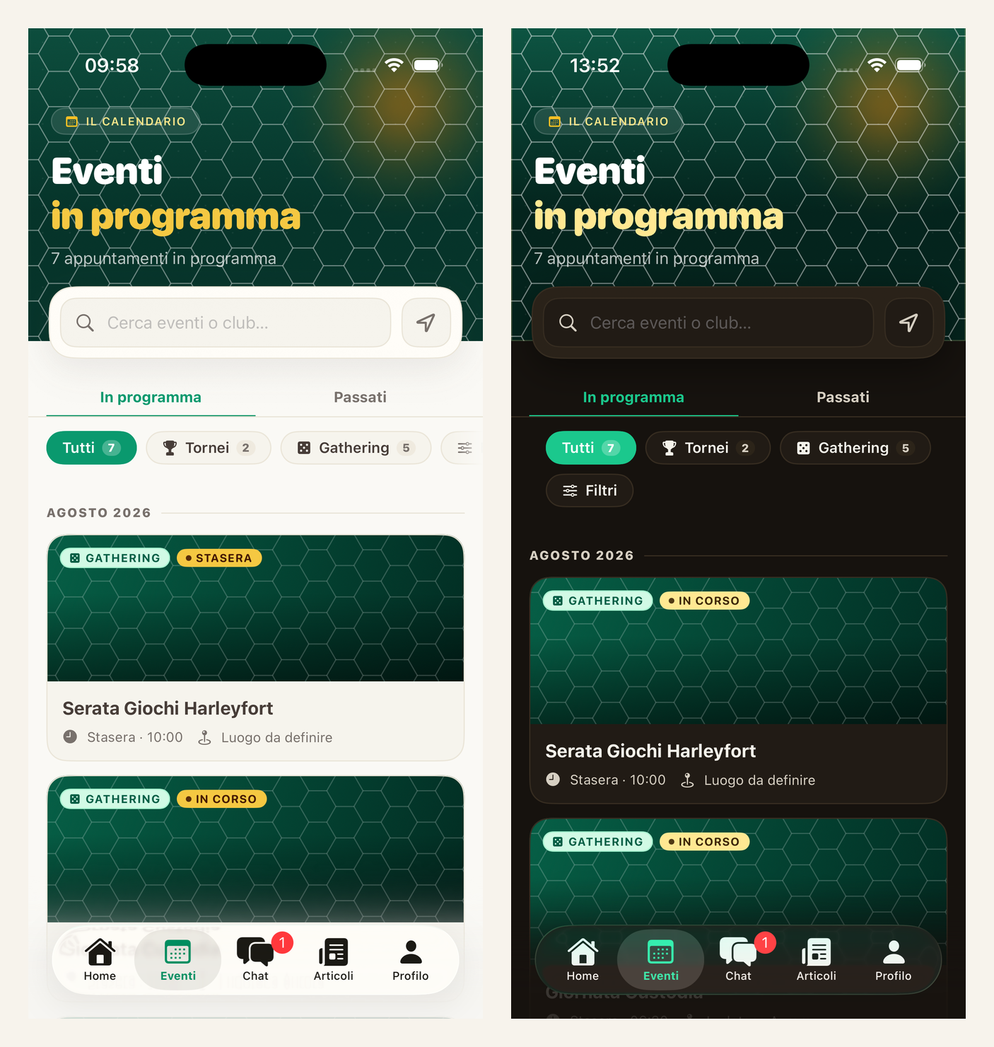 La stessa schermata dell'app in tema chiaro e in tema scuro, affiancate