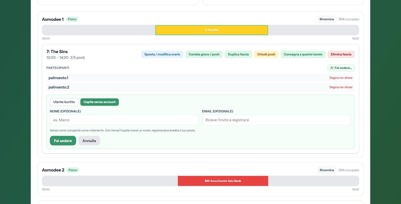 Il pannello «Fai sedere…» con la linguetta «Ospite senza account» selezionata: due campi facoltativi, nome ed email