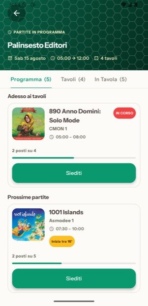 L'app in modalità Palinsesto: «Adesso ai tavoli» con la partita in corso, e «Prossime partite» con il badge «Inizia tra 16'»