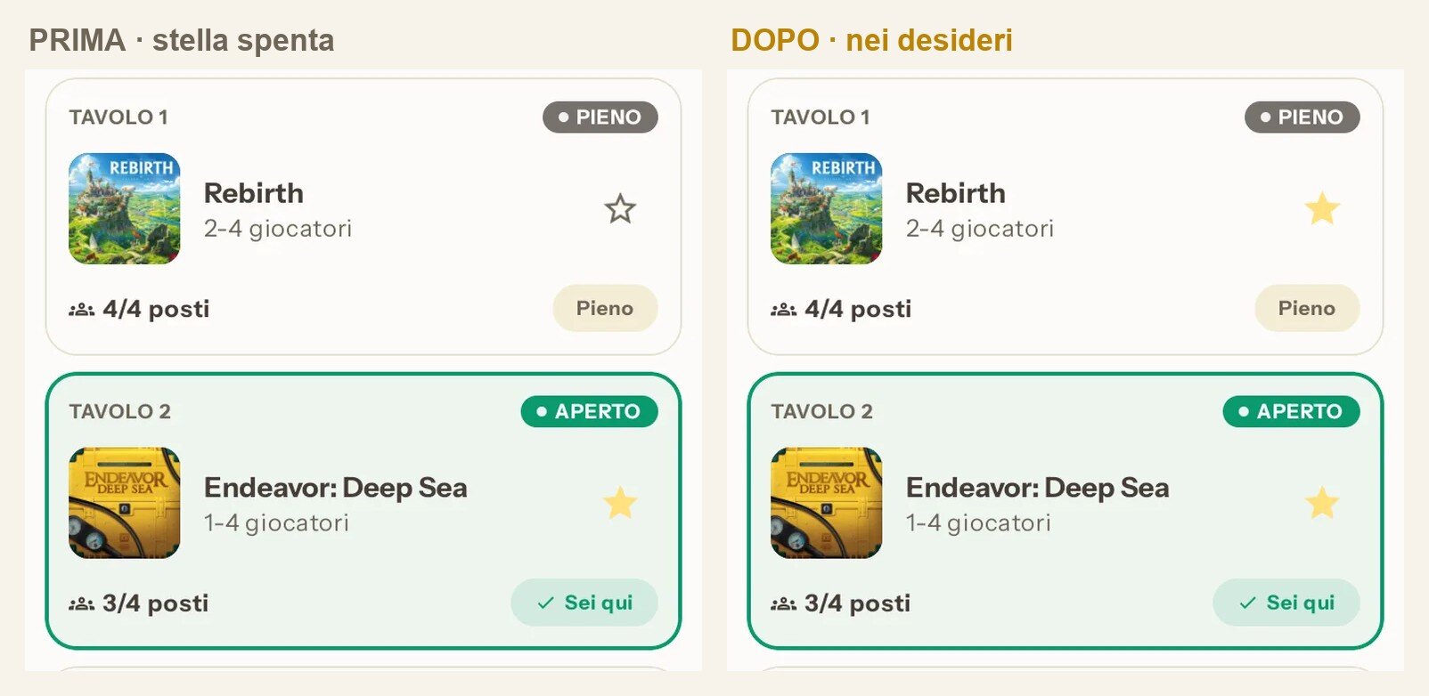 Confronto prima e dopo delle card di Tavolo 1 e Tavolo 2: la stella accanto a «Rebirth» passa da contorno vuoto a piena e dorata, mentre quella di «Endeavor: Deep Sea» era già accesa