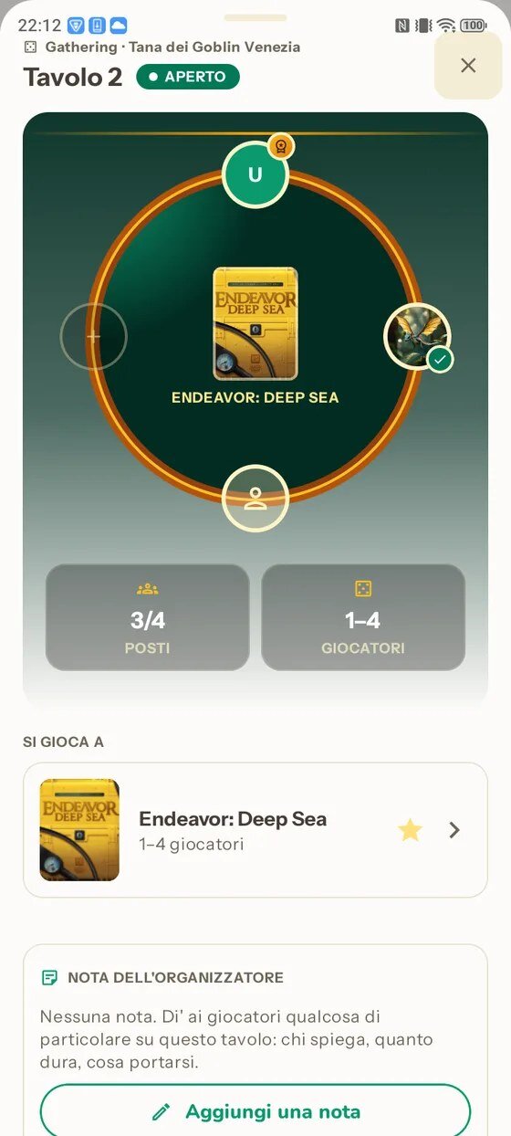 La scheda del Tavolo 2 con la card «Si gioca a»: Endeavor: Deep Sea e la stella accanto al titolo
