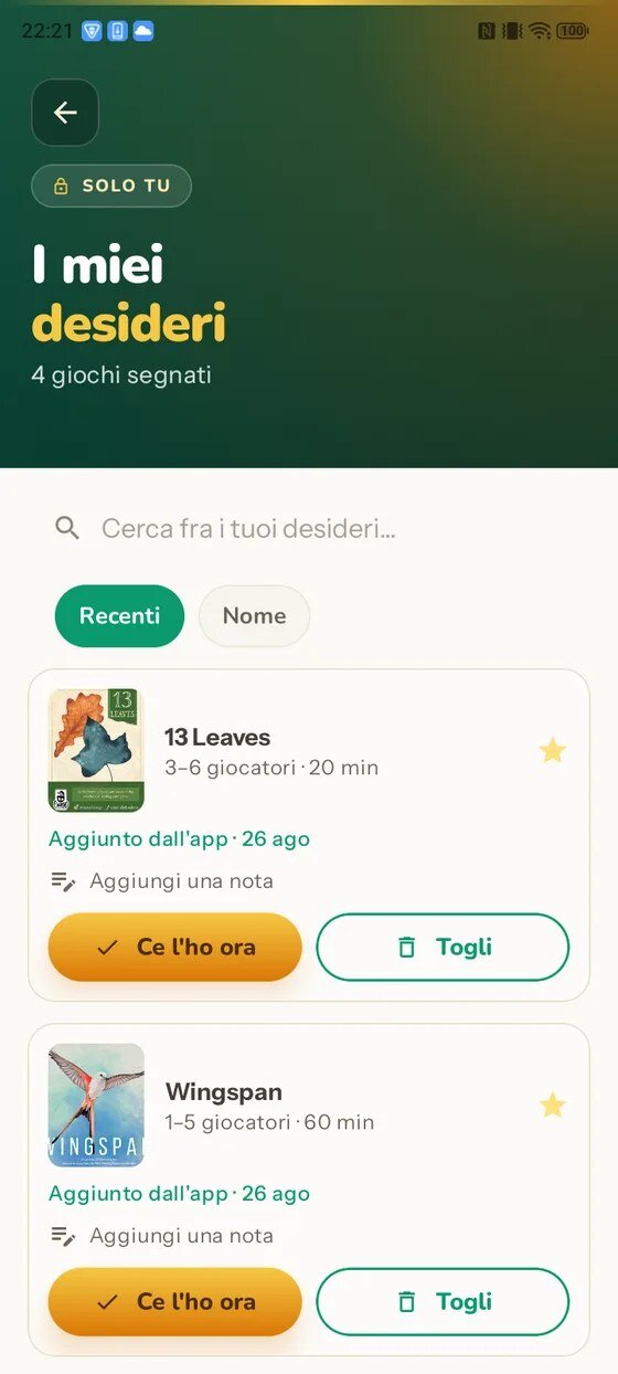 La pagina «I miei desideri» con il badge «Solo tu», la ricerca e l'ordinamento per data o per nome