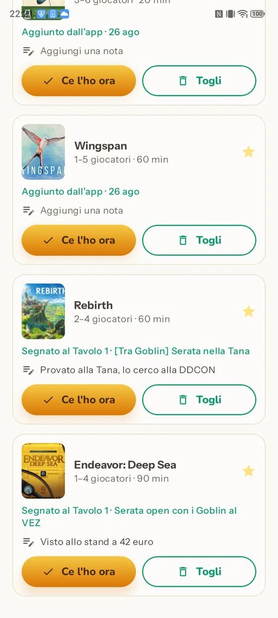 Lo scaffale dei desideri: sotto ogni gioco la provenienza in verde, la nota e i pulsanti «Ce l'ho ora» e «Togli»