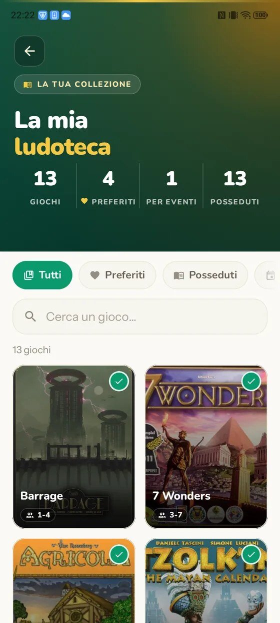 La pagina «La mia ludoteca»: 13 giochi, 4 preferiti, 1 disponibile per gli eventi, con filtri e griglia delle copertine