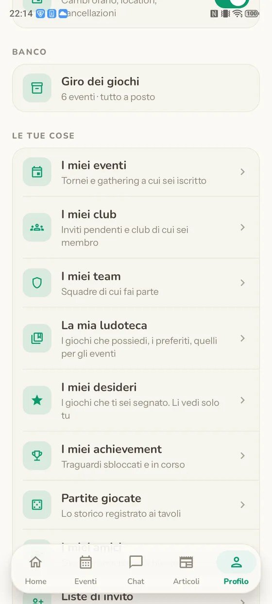 Il menu «Le tue cose» del profilo, con «La mia ludoteca» e «I miei desideri» una sotto l'altra