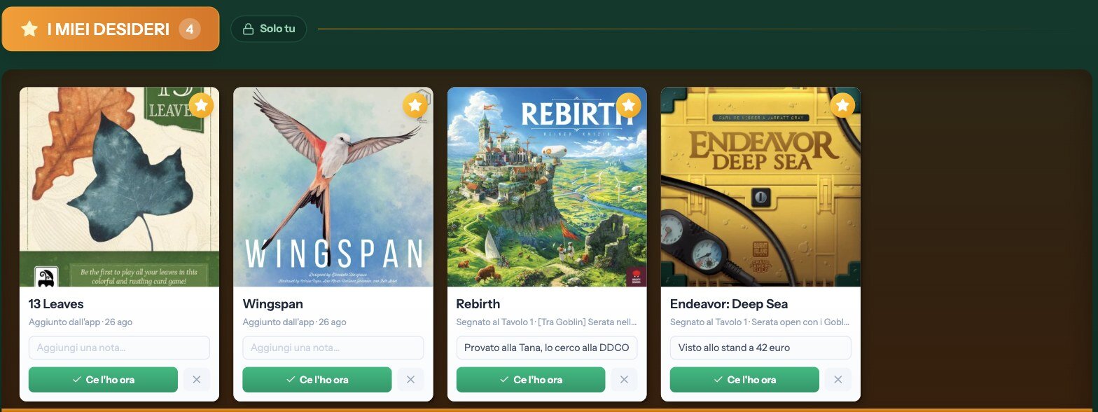Lo scaffale «I miei desideri» sul sito, con il badge «Solo tu»: quattro giochi con provenienza, nota e il pulsante «Ce l'ho ora»