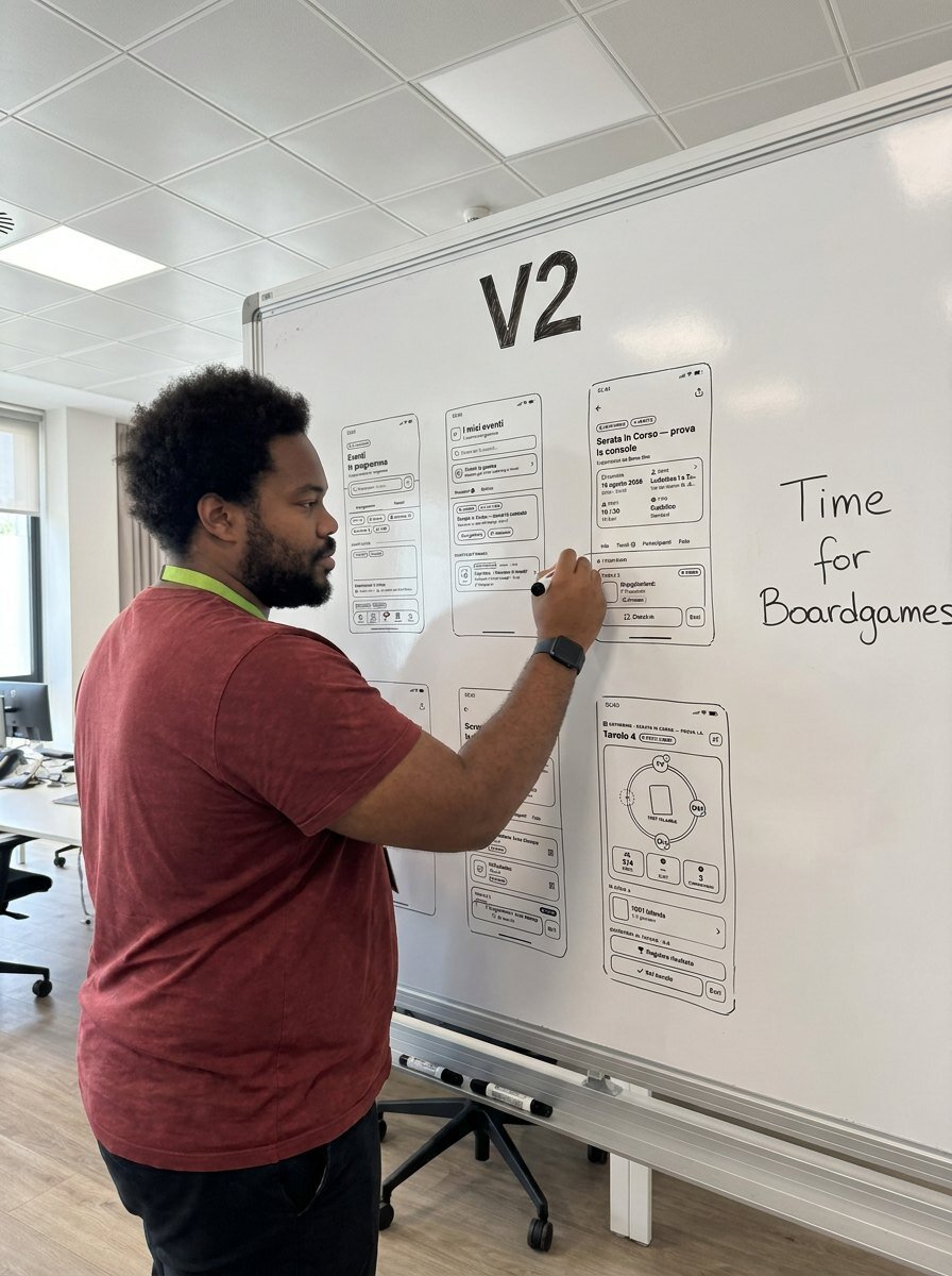 Davanti a una lavagna bianca con scritto «V2» in grande e «Time for Boardgames» di lato, disegno a pennarello i wireframe delle schermate dell'app: la lista degli eventi, «I miei eventi», la scheda di una serata in corso e la vista di un tavolo