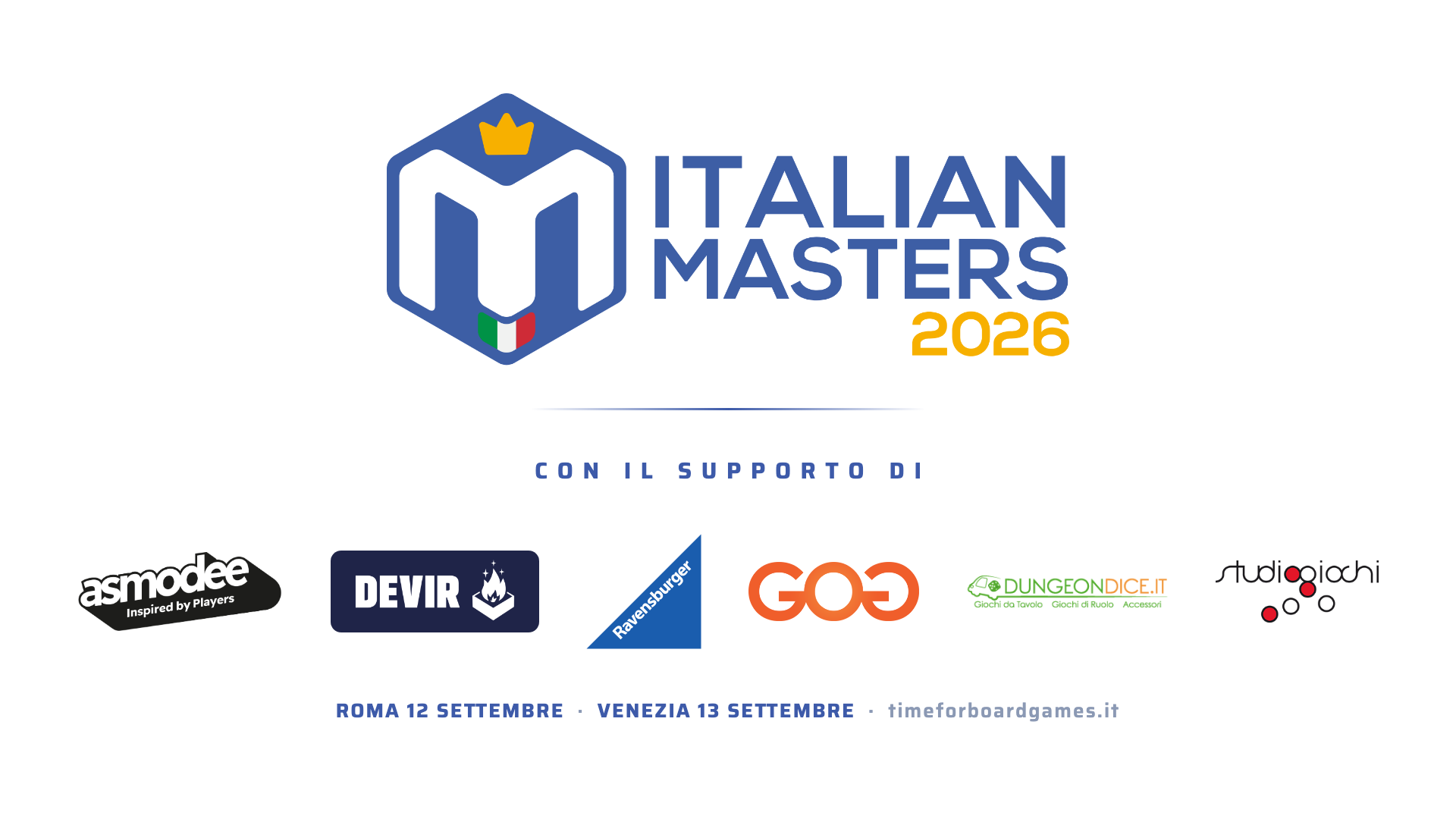 Il logo degli Italian Masters 2026 con i partner dell'edizione: Asmodee, Devir, Ravensburger, GateOnGames, Dungeon Dice e studiogiochi