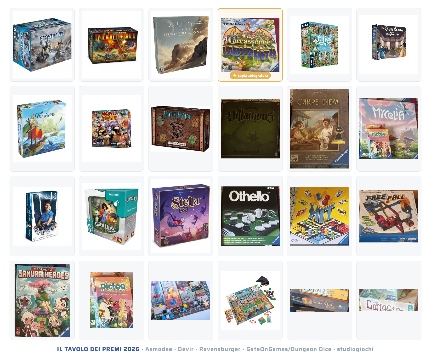 Il tavolo dei premi 2026: una selezione delle scatole in palio, dalla copia autografata di Carcassonne Labyrinth a Frosthaven, Twilight Imperium, Cities e gli altri titoli di Asmodee, Devir, Ravensburger, GateOnGames e studiogiochi