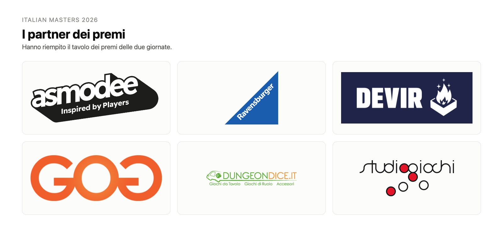 I loghi dei partner dei premi degli Italian Masters 2026: Asmodee, Ravensburger, Devir, GateOnGames, DungeonDice e Studiogiochi