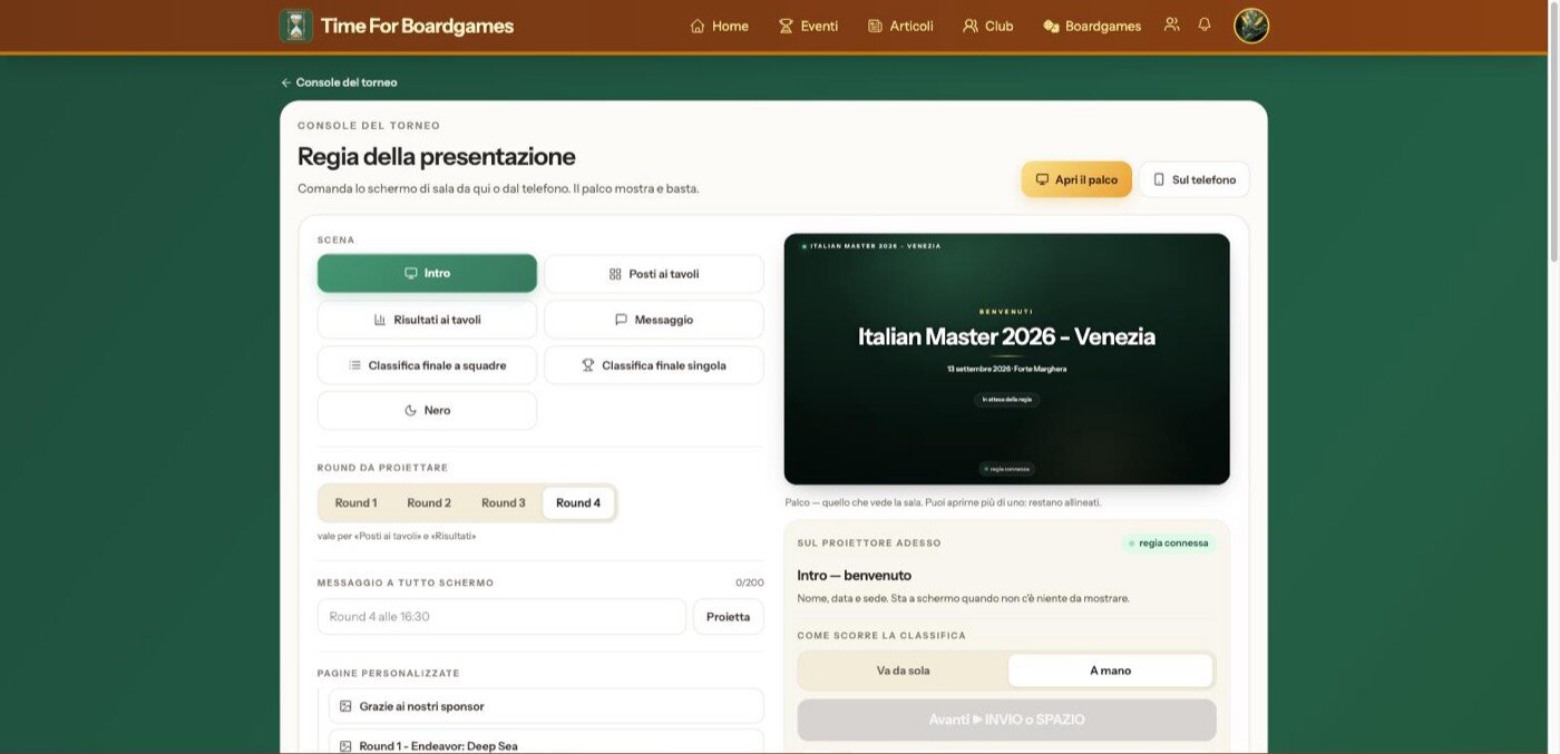 La regia della presentazione: a sinistra le scene, a destra l'anteprima di quello che vede la sala