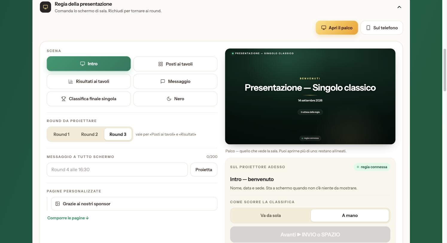Il pannello della regia dentro la console del torneo: a sinistra la griglia delle scene, a destra l'anteprima di quello che sta sul proiettore