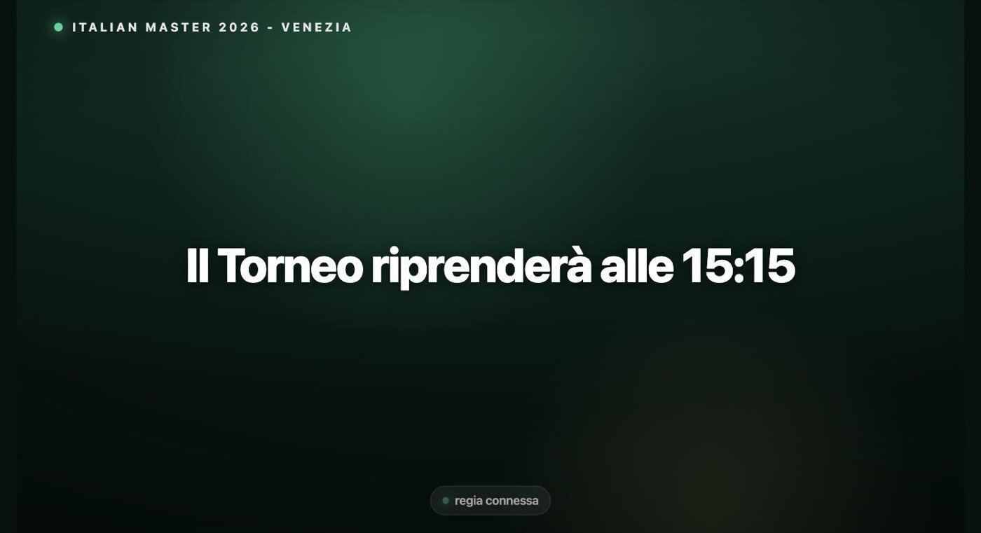 Il cartello «Il Torneo riprenderà alle 15:15» proiettato durante la pausa pranzo