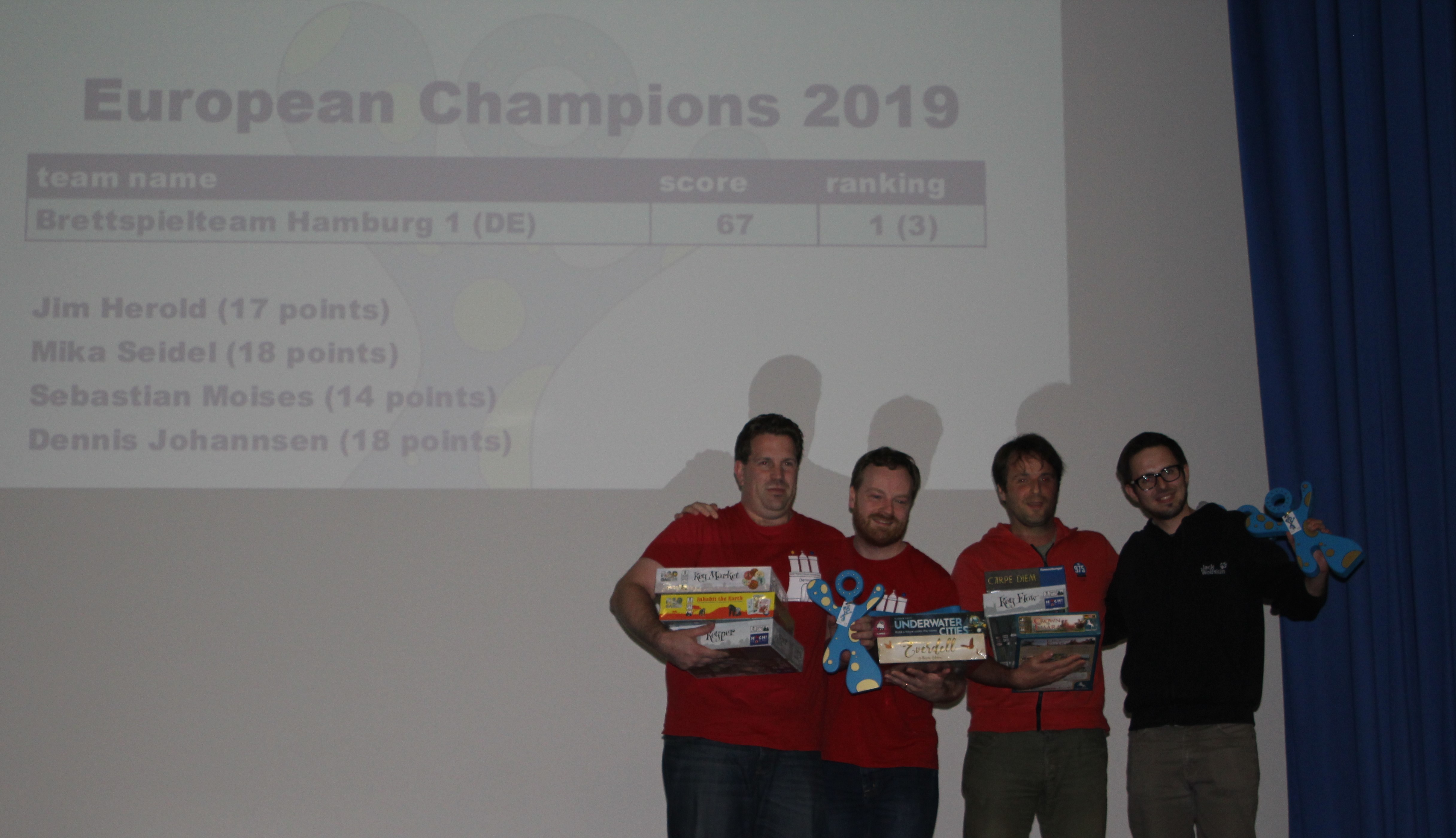 La squadra tedesca Brettspielteam Hamburg festeggia la vittoria agli Europe Masters 2019