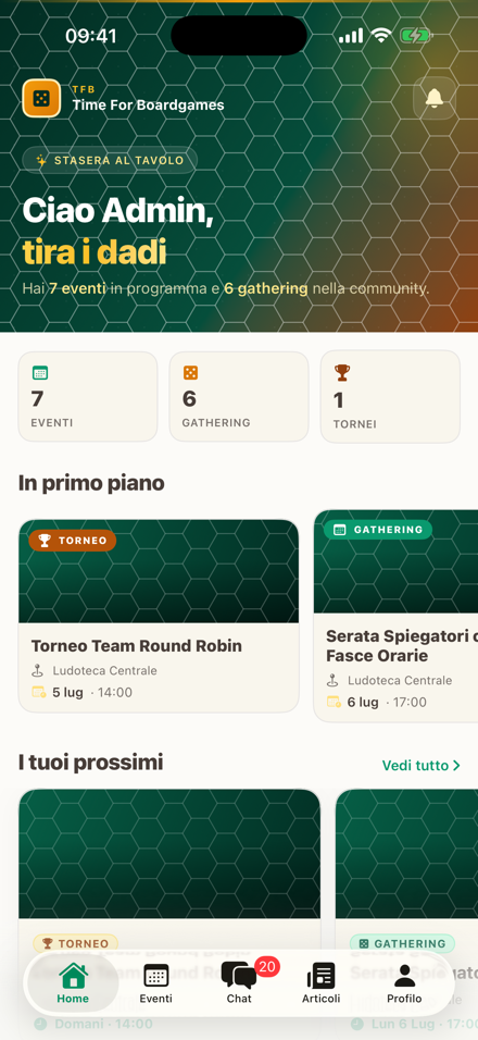 Schermata Home dell'app: saluto personalizzato, contatori di eventi e tornei, prossimi appuntamenti
