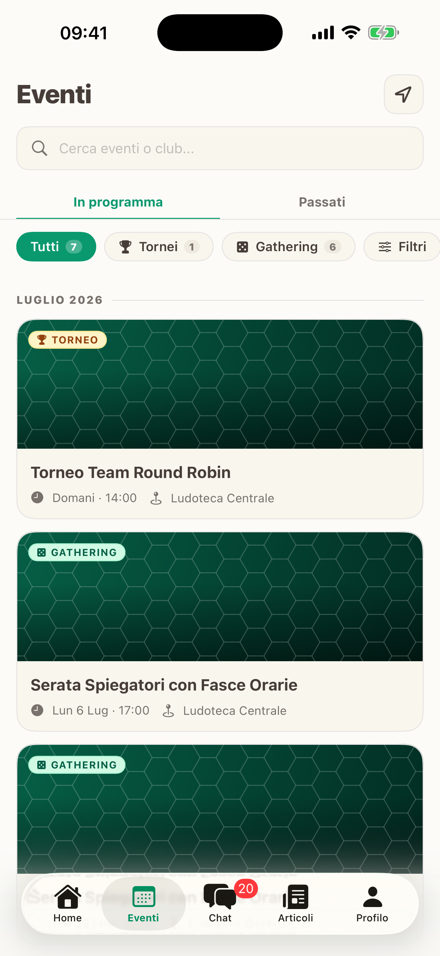 Schermata Eventi: lista con filtri per tornei e gathering