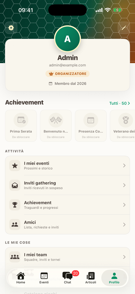 Schermata Profilo: statistiche, achievement e attività del giocatore