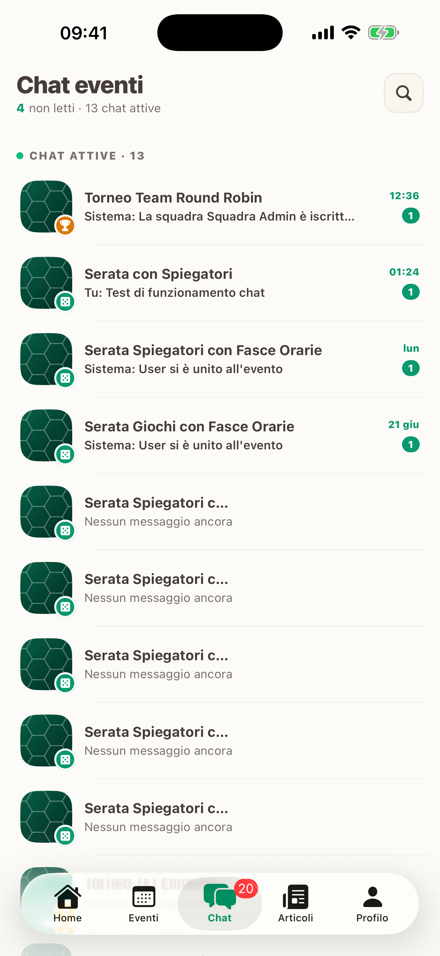 Schermata Chat: conversazioni di gruppo legate agli eventi