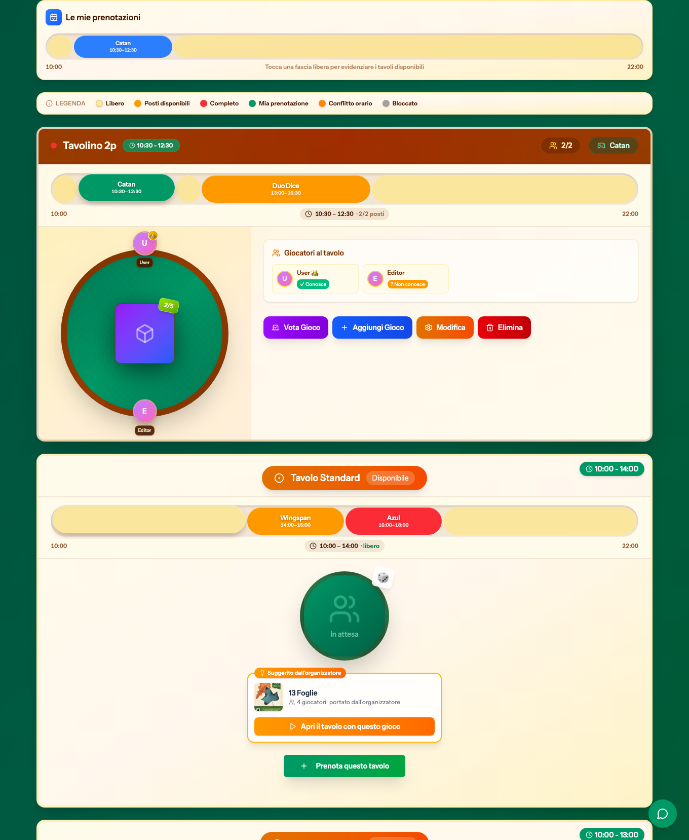 La pagina dell'evento in modalità Slot Booking: strip personale, legenda e card dei tavoli con timeline