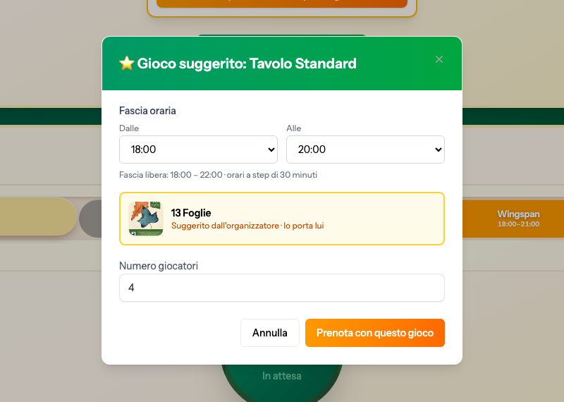 Finestra «Gioco suggerito» con selezione della fascia oraria e numero giocatori