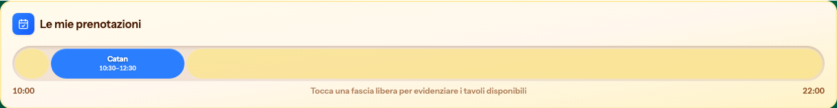 Strip «Le mie prenotazioni» con una partita a Catan alle 10:30 e il resto della giornata libero