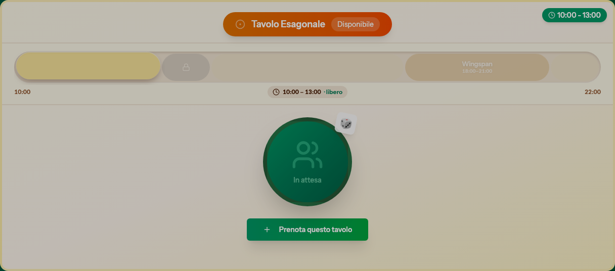 Card del tavolo con il filtro orario attivo: i segmenti fuori fascia sono attenuati, resta acceso solo quello libero compatibile