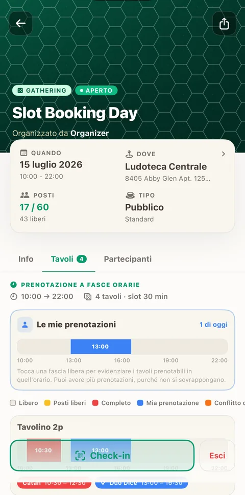 Schermata dell'evento sull'app in modalità Slot Booking: strip personale e timeline dei tavoli