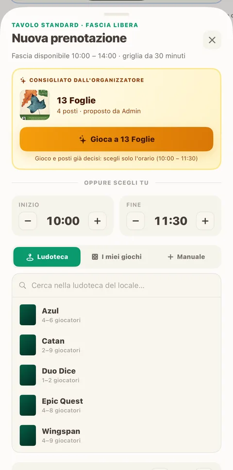 Scheda di nuova prenotazione sull'app: orari a scatti di 30 minuti, ricerca gioco e posti