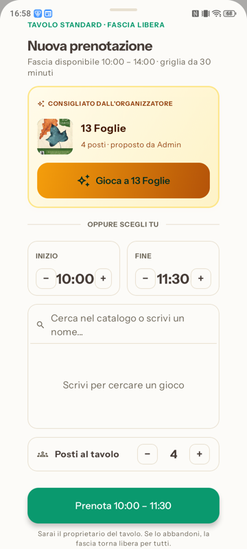 Scheda prenotazione con il gioco consigliato dall'organizzatore in prima posizione